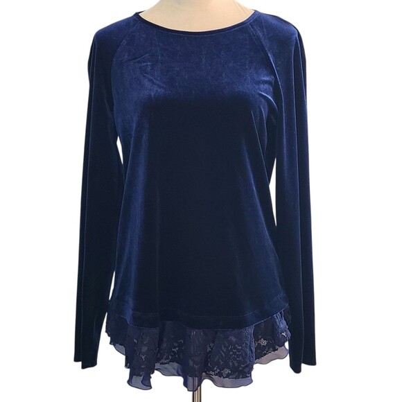 Sundance Womens M Blue Burnout Velvet Grace Lace Hem Top Blouse Dark Romantic - Picture 1 of 11